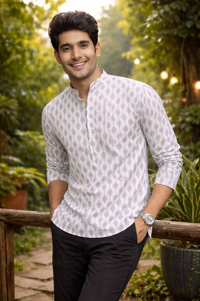 Mens White Printed Linen Kurta Top (ACA6245)