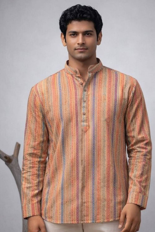 Mens Orange Printed Linen Kurta Top (ACA6246)