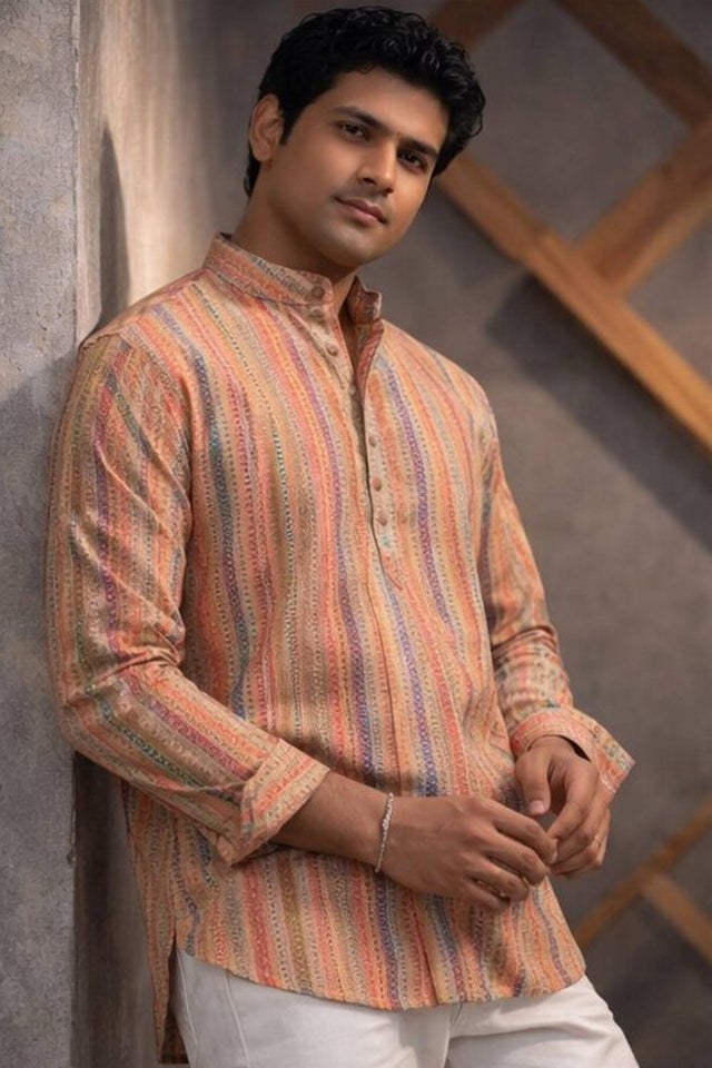 Mens Orange Printed Linen Kurta Top (ACA6246)