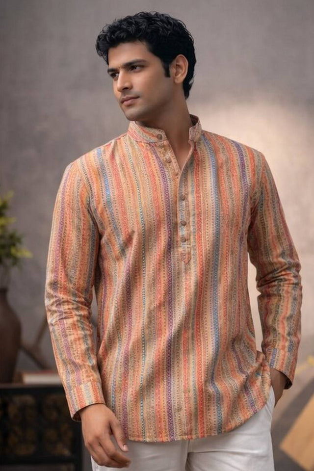 Mens Orange Printed Linen Kurta Top (ACA6246)