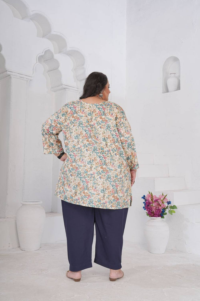 Off White Floral Printed Rayon Short Kurtis (ACA6249)