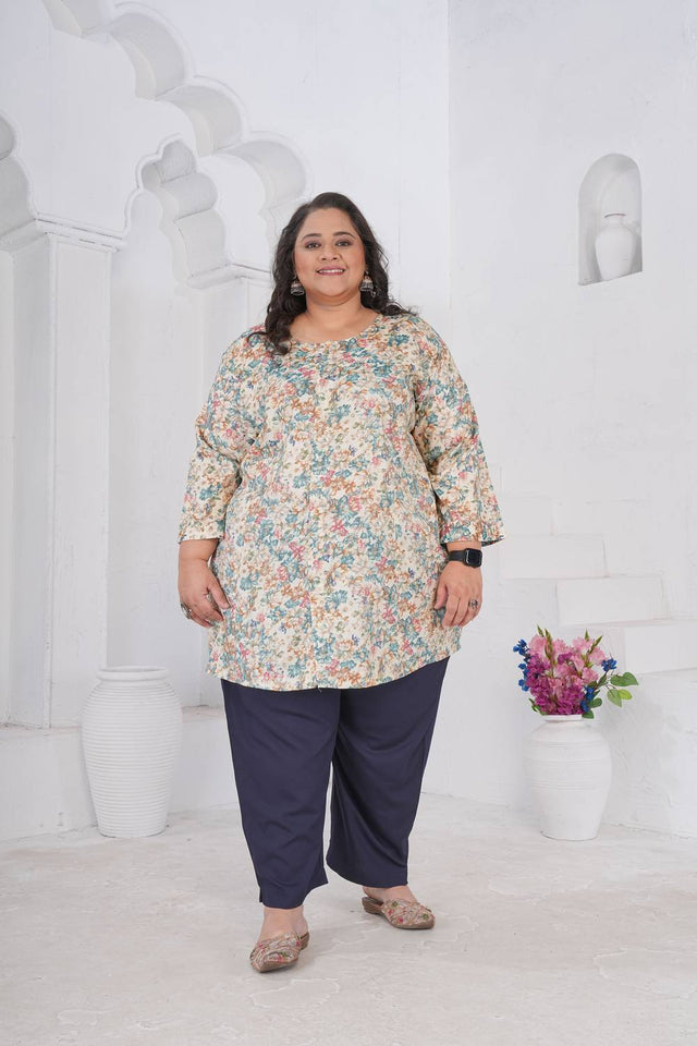 Off White Floral Printed Rayon Short Kurtis (ACA6249)