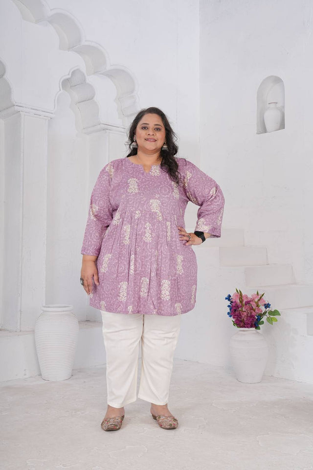 Lavender Floral Printed Rayon Short Kurtis (ACA6253)