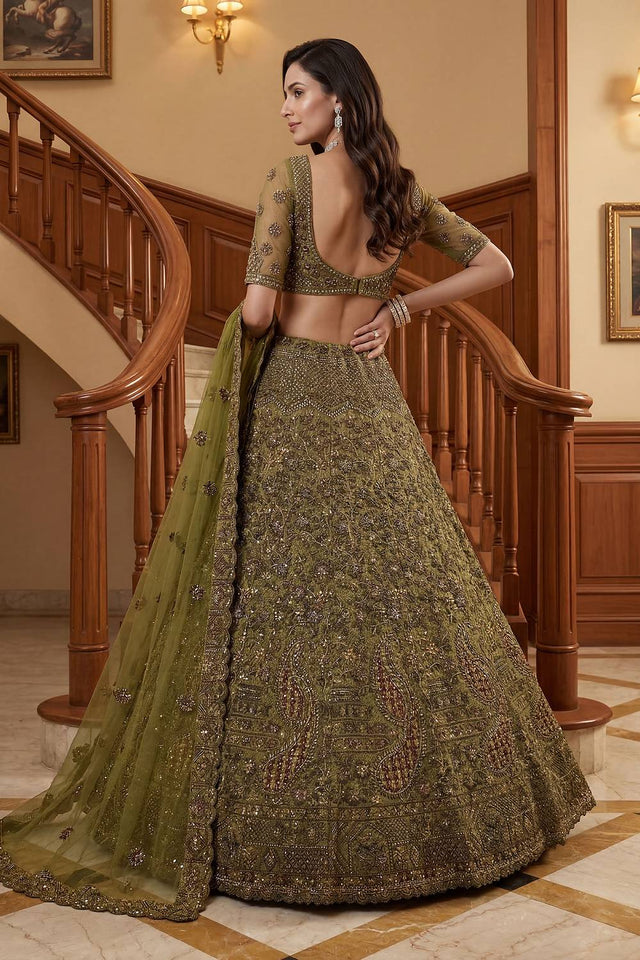 Green Sequin with Floral Embroidered Net Lehenga (ACA6258)