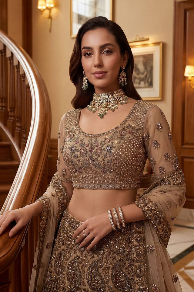 Beige Sequin with Floral Embroidered Net Lehenga (ACA6260)