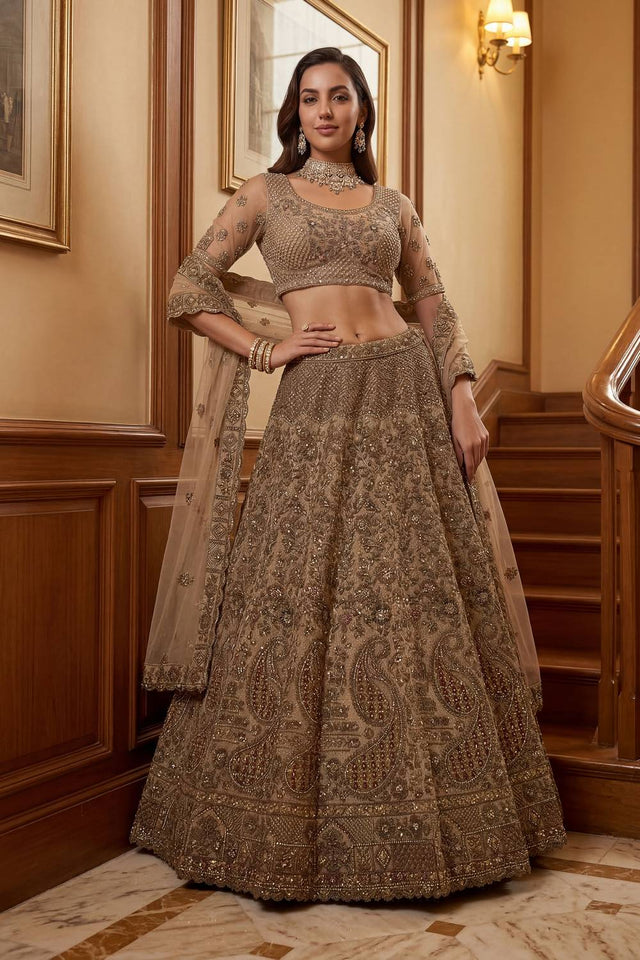 Beige Sequin with Floral Embroidered Net Lehenga (ACA6260)