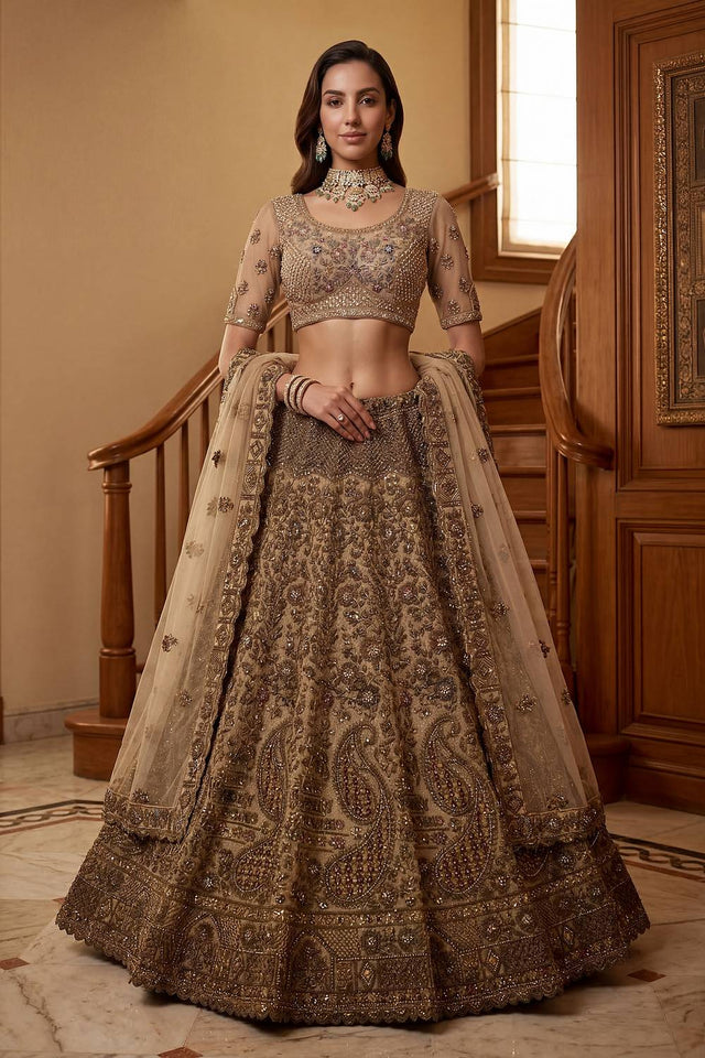 Beige Sequin with Floral Embroidered Net Lehenga (ACA6260)