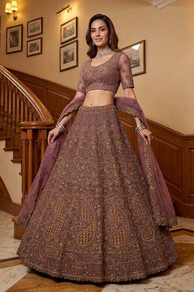 Lavender Sequin with Floral Embroidered Net Lehenga (ACA6261)
