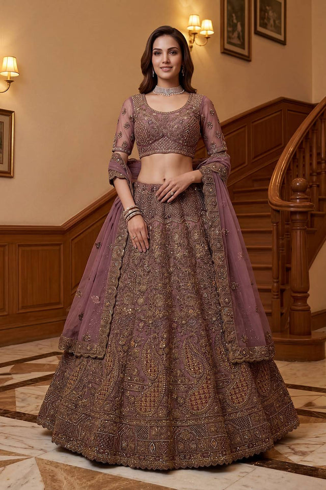 Lavender Sequin with Floral Embroidered Net Lehenga (ACA6261)