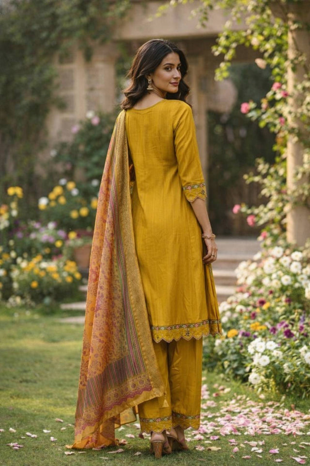 Mustard Floral Embroidered Cotton Blend Kurti Pant Set (ACA6291)
