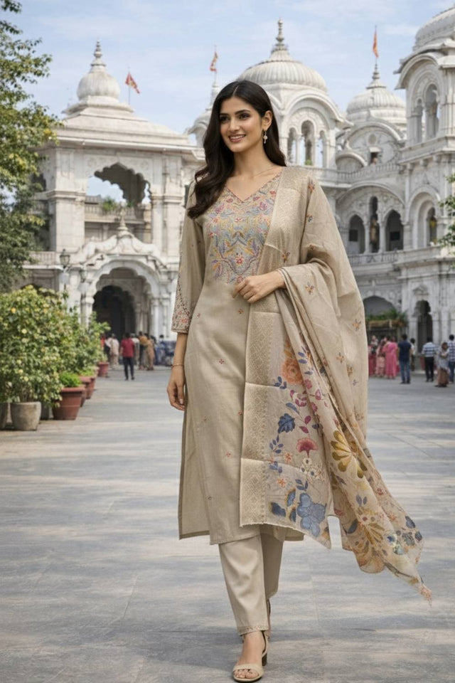 Beige Floral Embroidered Cotton Blend Kurti Pant Set (ACA6296)