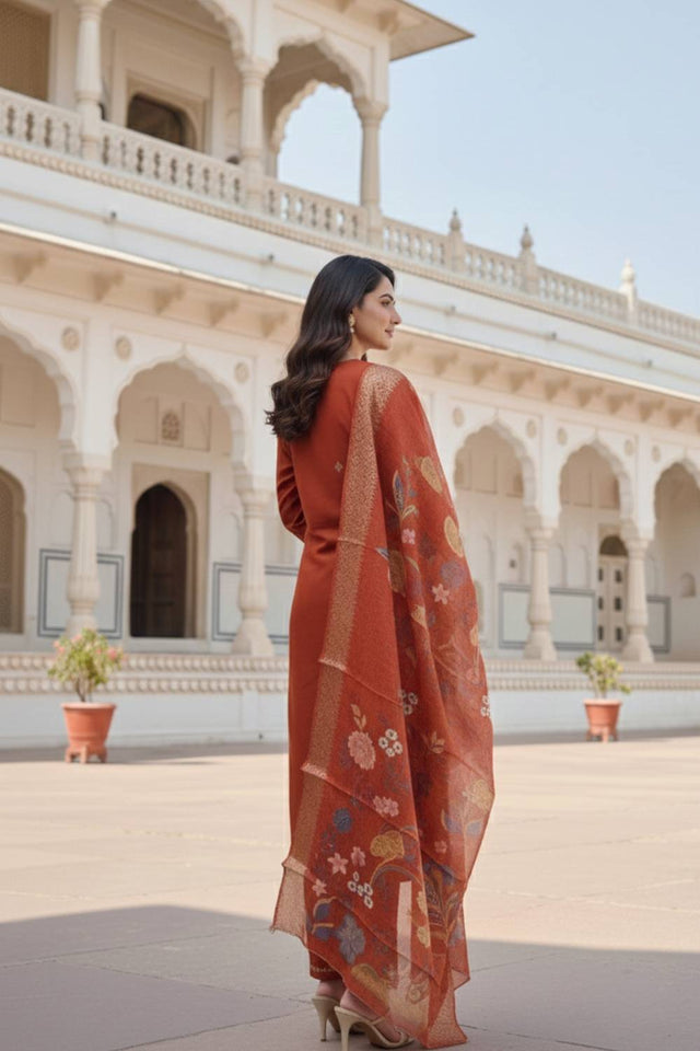 Orange Floral Embroidered Cotton Blend Kurti Pant Set (ACA6297)