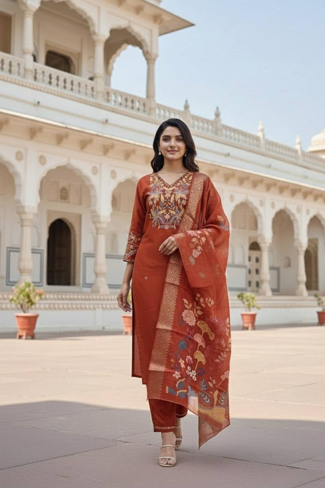 Orange Floral Embroidered Cotton Blend Kurti Pant Set (ACA6297)