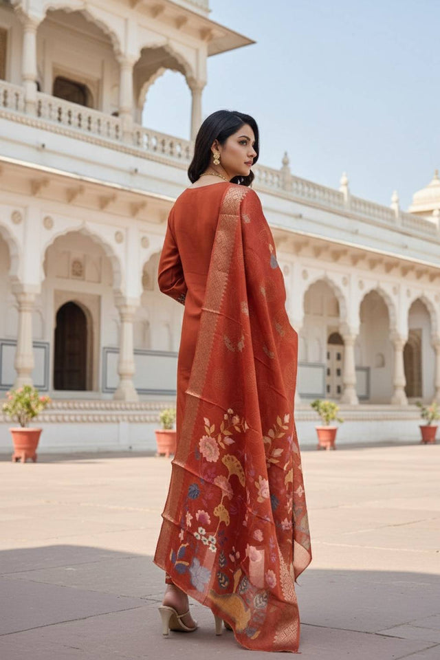 Orange Floral Embroidered Cotton Blend Kurti Pant Set (ACA6297)