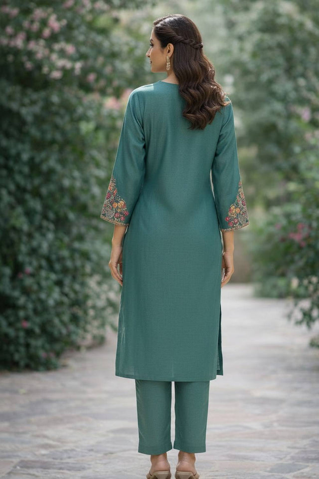 Teal Blue Floral Embroidered Cotton Blend Kurti Pant Set (ACA6301)