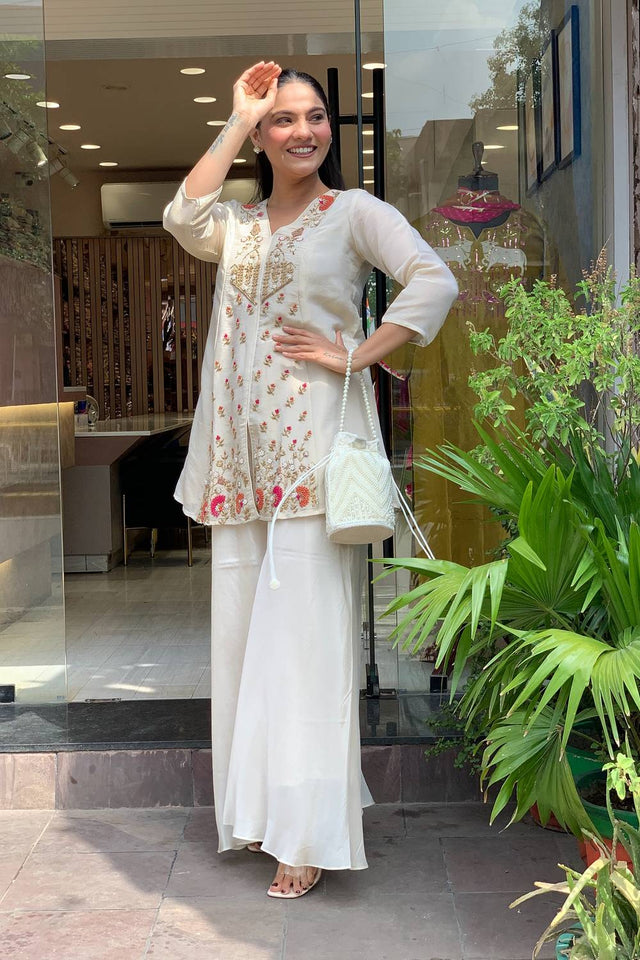 Cream Floral Embroidered Silk Palazzo Suits