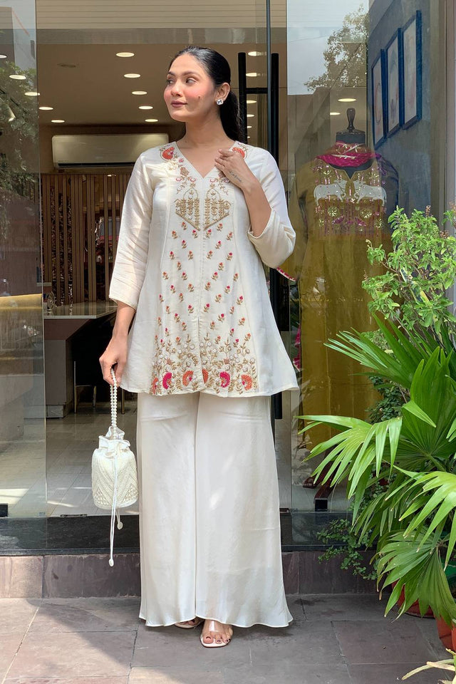 Cream Floral Embroidered Silk Palazzo Suits