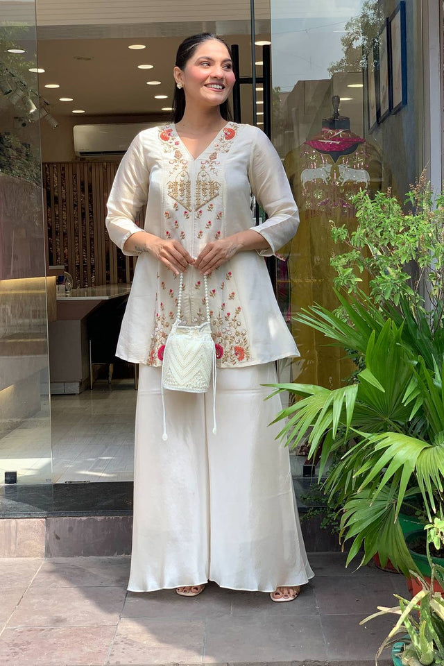 Cream Floral Embroidered Silk Palazzo Suits