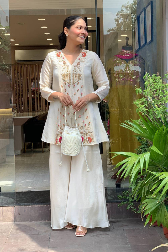 Cream Floral Embroidered Silk Palazzo Suits