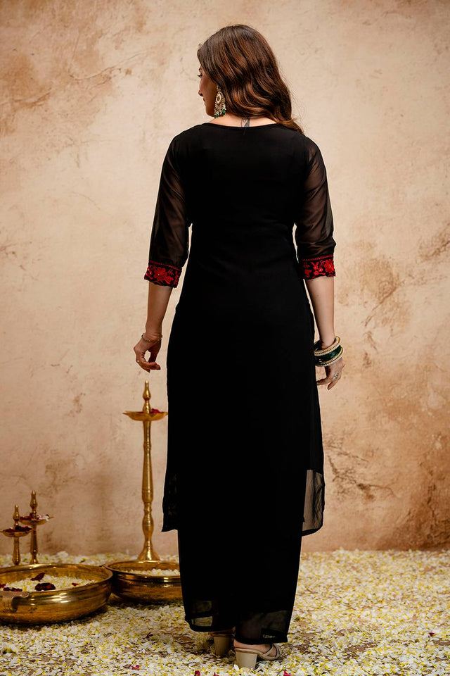 Black Floral Embroidered Georgette Straight Cut Suits