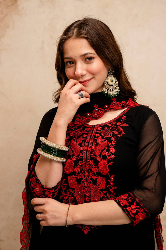 Black Floral Embroidered Georgette Straight Cut Suits
