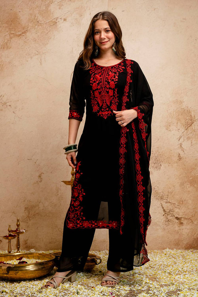 Black Floral Embroidered Georgette Straight Cut Suits