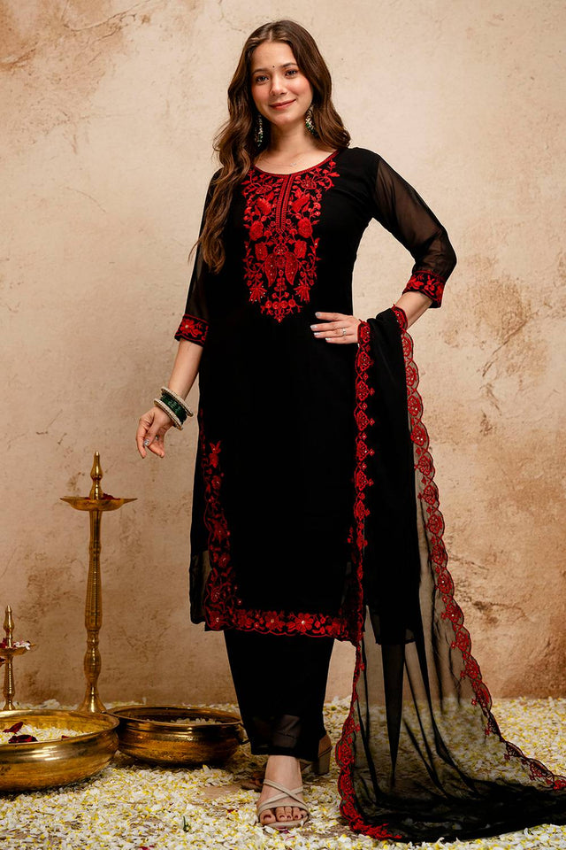 Black Floral Embroidered Georgette Straight Cut Suits