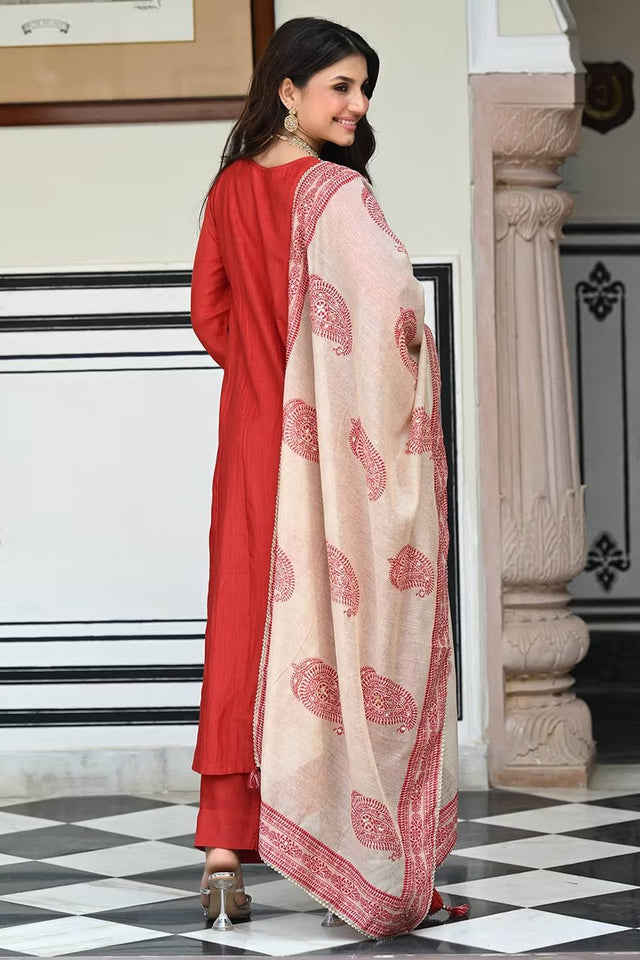 Rust Floral Embroidered Viscose Palazzo Suits