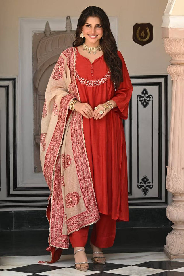 Rust Floral Embroidered Viscose Palazzo Suits