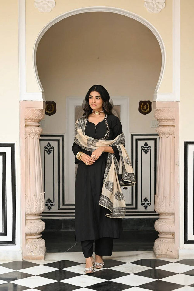 Black Floral Embroidered Viscose Palazzo Suits
