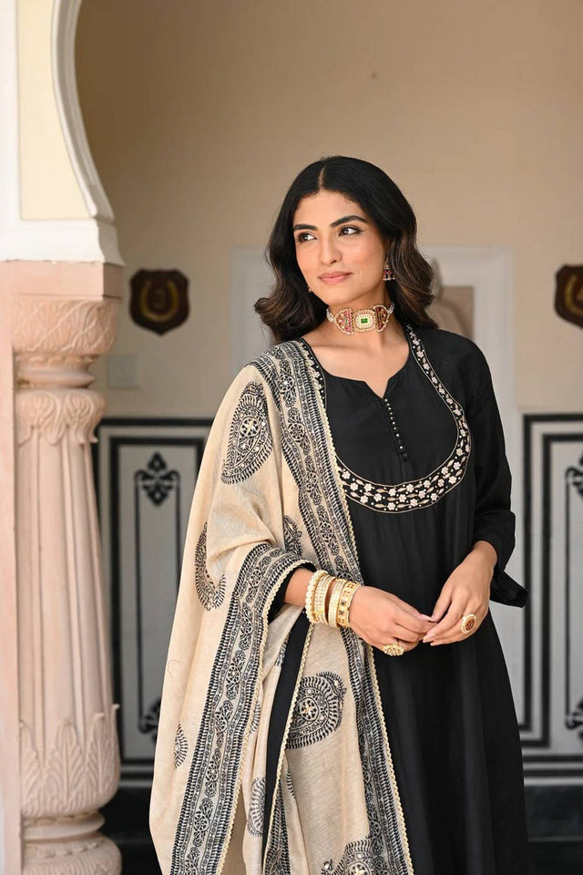 Black Floral Embroidered Viscose Palazzo Suits