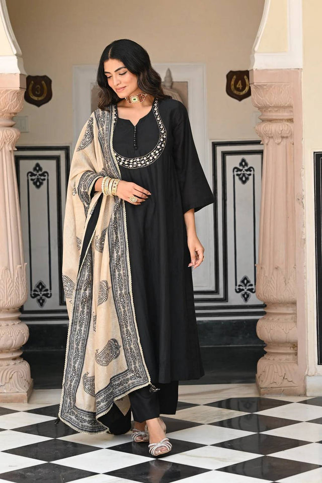 Black Floral Embroidered Viscose Palazzo Suits