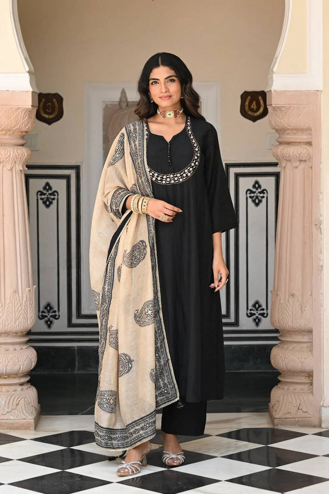 Black Floral Embroidered Viscose Palazzo Suits