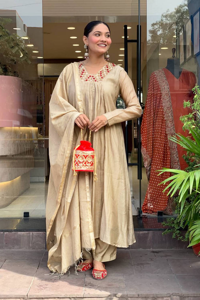 Beige Floral Embroidered Chanderi Palazzo Suits