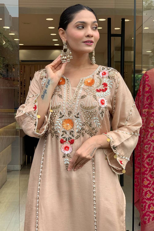 Brown Floral Embroidered Chanderi Palazzo Suits