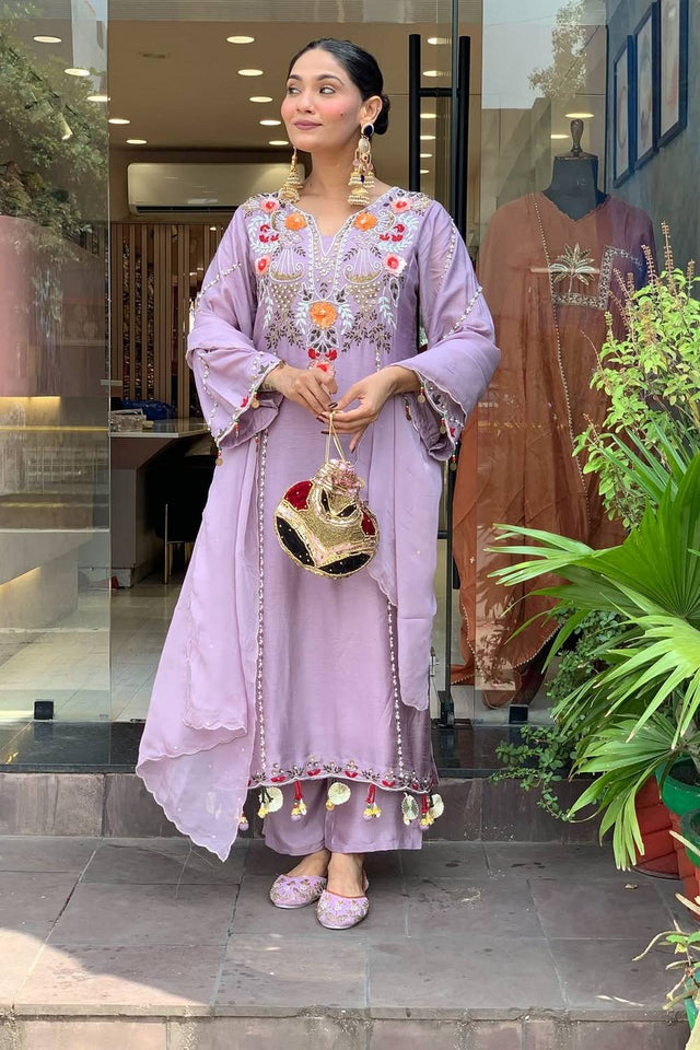 Lavender Floral Embroidered Chanderi Palazzo Suits