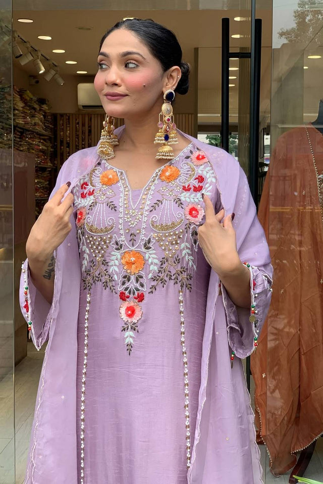 Lavender Floral Embroidered Chanderi Palazzo Suits