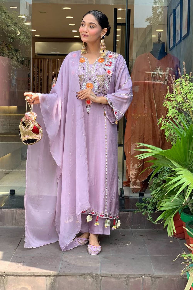 Lavender Floral Embroidered Chanderi Palazzo Suits