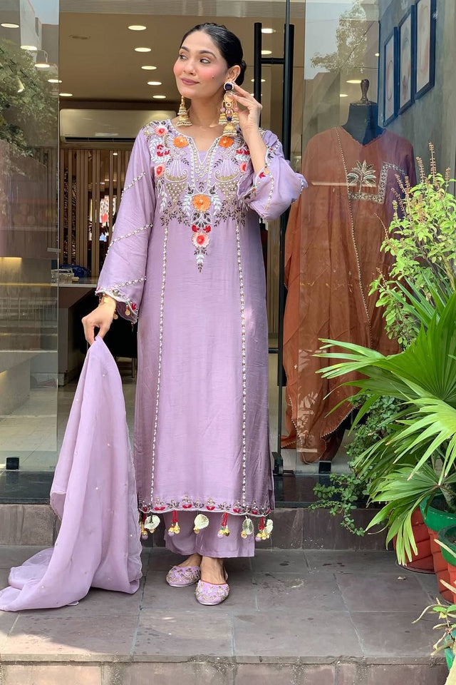 Lavender Floral Embroidered Chanderi Palazzo Suits