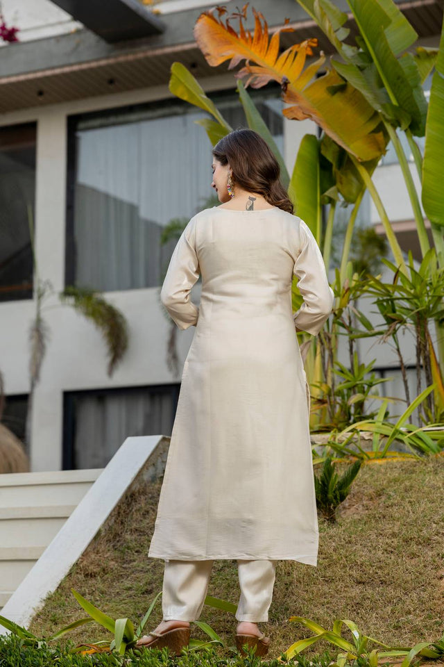 Cream Floral Embroidered Viscose Straight Cut Suits