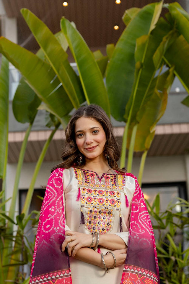 Cream Floral Embroidered Viscose Straight Cut Suits