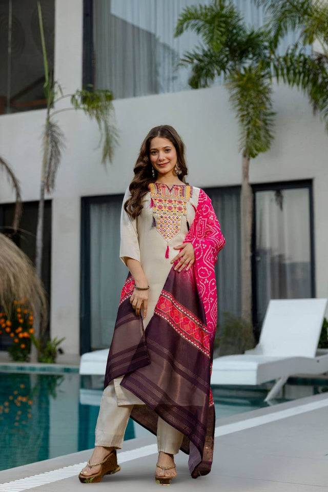 Cream Floral Embroidered Viscose Straight Cut Suits