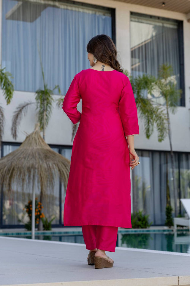 Pink Embroidered Chanderi Straight Cut Suits