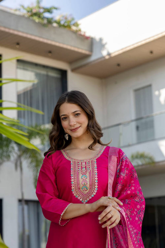 Pink Embroidered Chanderi Straight Cut Suits