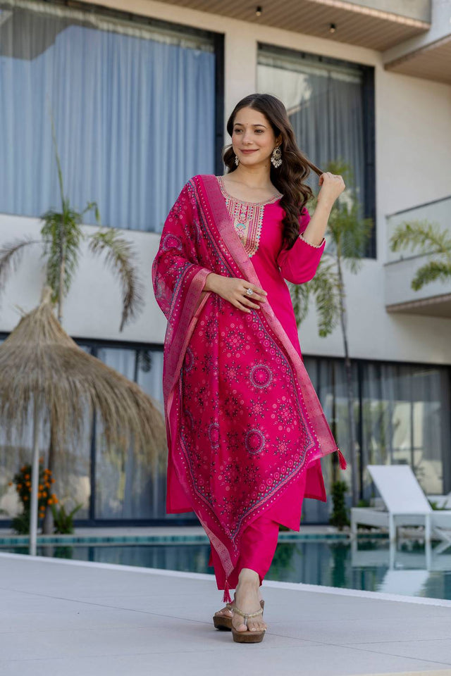 Pink Embroidered Chanderi Straight Cut Suits