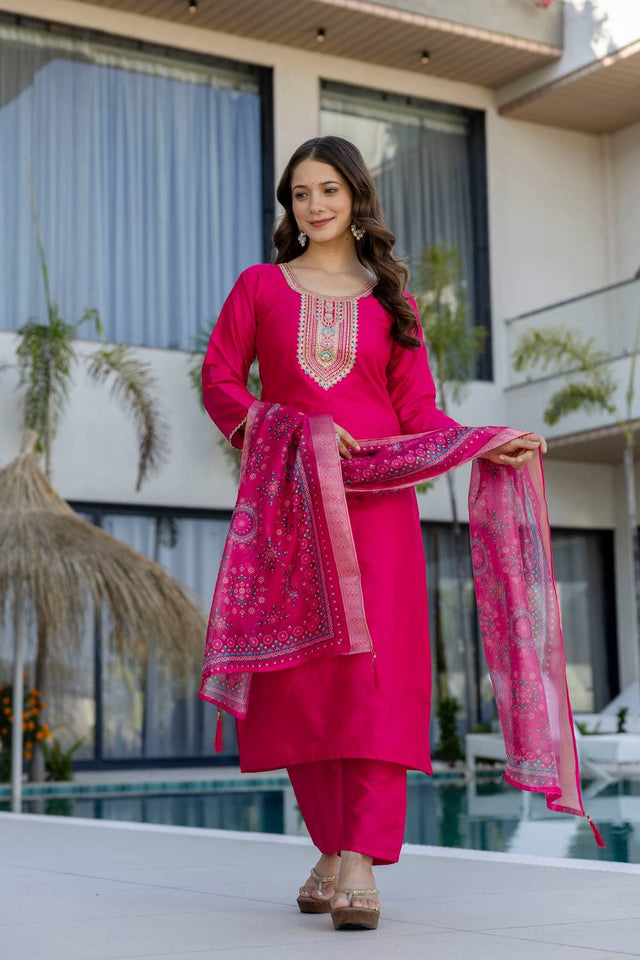 Pink Embroidered Chanderi Straight Cut Suits