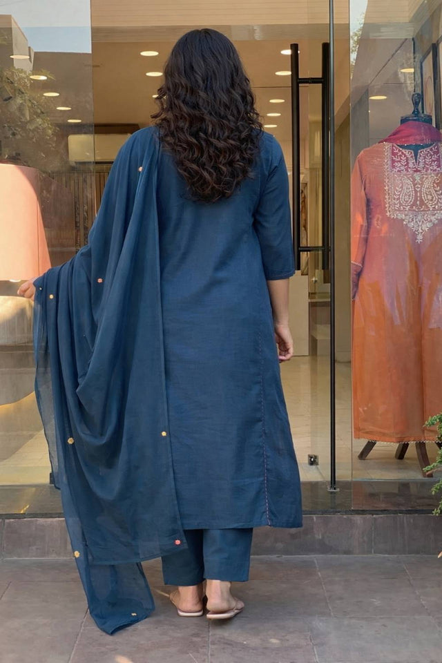 Blue Floral Embroidered Rayon Straight Cut Suits