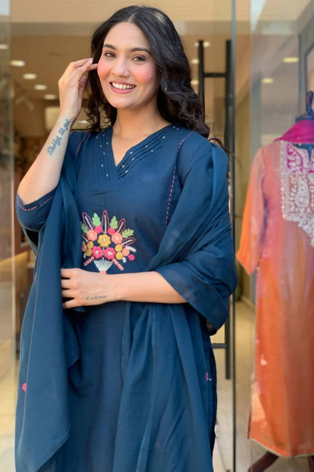 Blue Floral Embroidered Rayon Straight Cut Suits