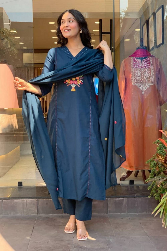 Blue Floral Embroidered Rayon Straight Cut Suits