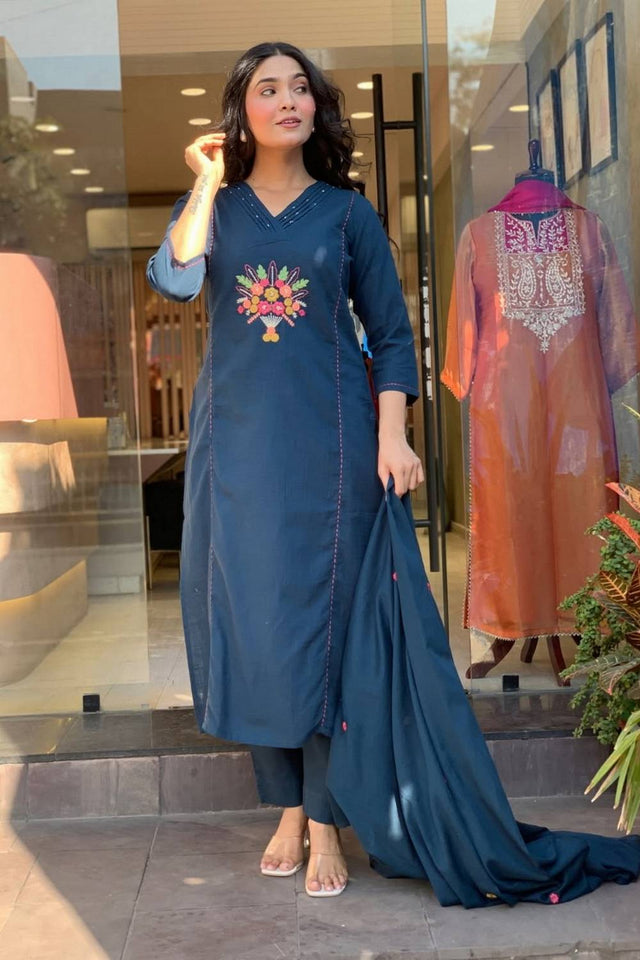 Blue Floral Embroidered Rayon Straight Cut Suits